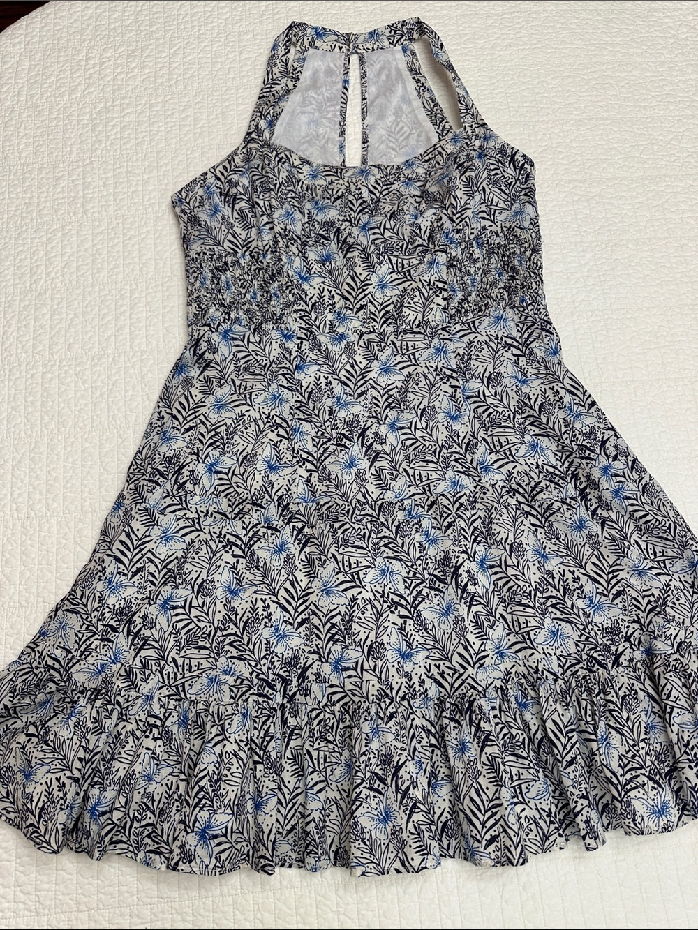 Karen Millen US 12 White A-Line Smocked Dress Navy Light Blue Botanical Print - Picture 2 of 10